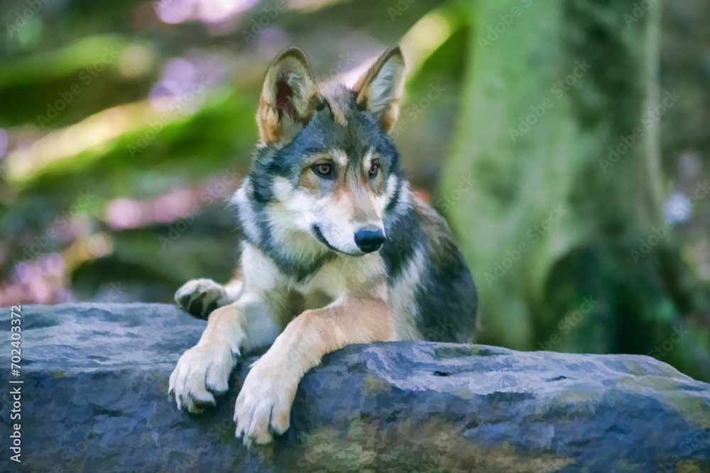 Fototapeta premium Young wolf alert while resting on a rock