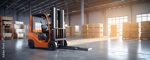 Modern future fork lift in warehouse. Heavy truck loadre in factory house. copy space for text.