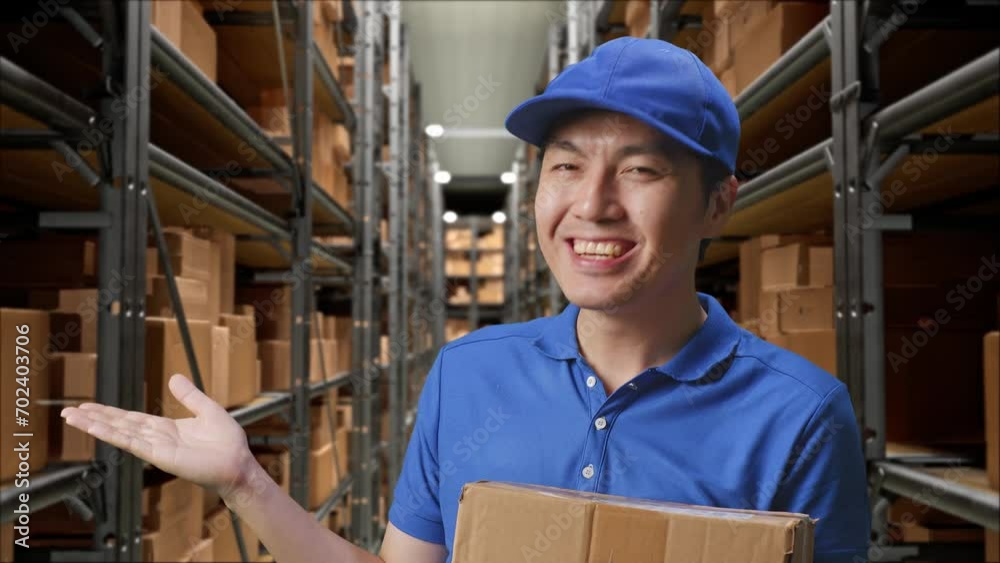 Close Up Of male Smiling And Pointing To The Side While Delivering A Carton In Warehouse
Close Up Of male Smiling And Pointing To The Side While Delivering A Carton In Warehouse