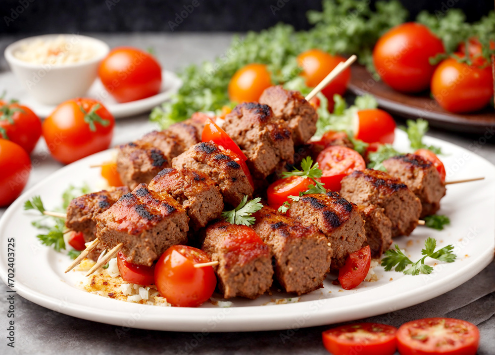 shick kebab on skewers with tomato and paper in white plate withe a background shick kebab on skewers with tomato and paper in white plate withe a background