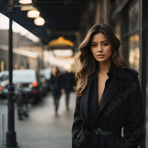 A young woman wears a black coat and looks charming