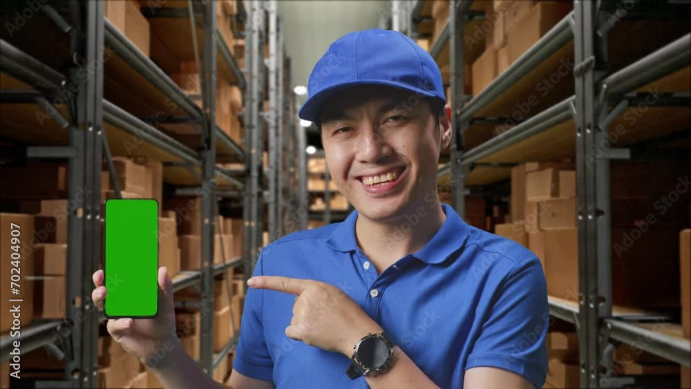 Close Up Of male Smiling And Pointing To Green Screen Smartphone While Standing In Warehouse
Close Up Of male Smiling And Pointing To Green Screen Smartphone While Standing In Warehouse