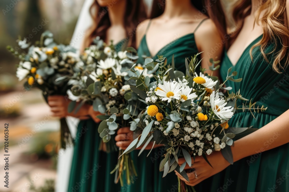 Green Charm: Bridesmaids, dressed in shades of green, contribute to the elegance and tradition of the wedding ceremony, creating a beautiful and joyful ambiance on this special occasion.





 - obrazy, fototapety, plakaty 