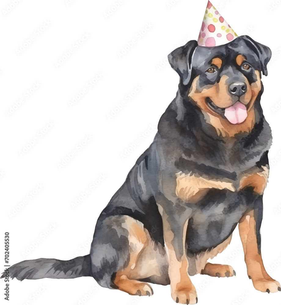 Fototapeta premium Dog in birthday hat illustration created with Generative AI technology
