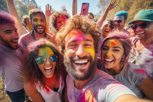 People taking a selfie together in group during a celebration party in the outdoor with happiness expressions and covered with vivid colors