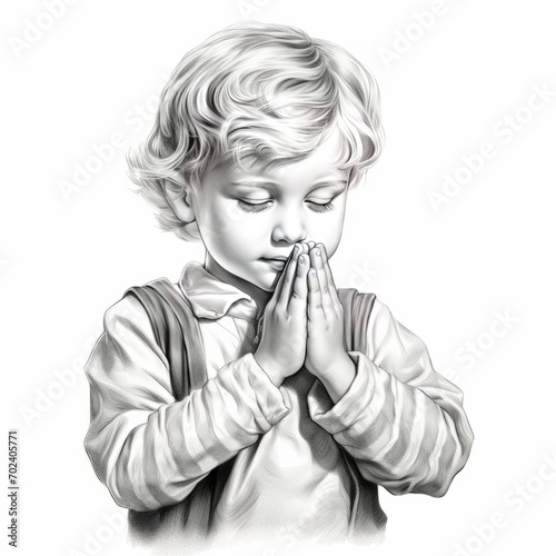 Cute little boy praying with both hands wishing and giving thanks to God, children sketch illustration drawn in pencil