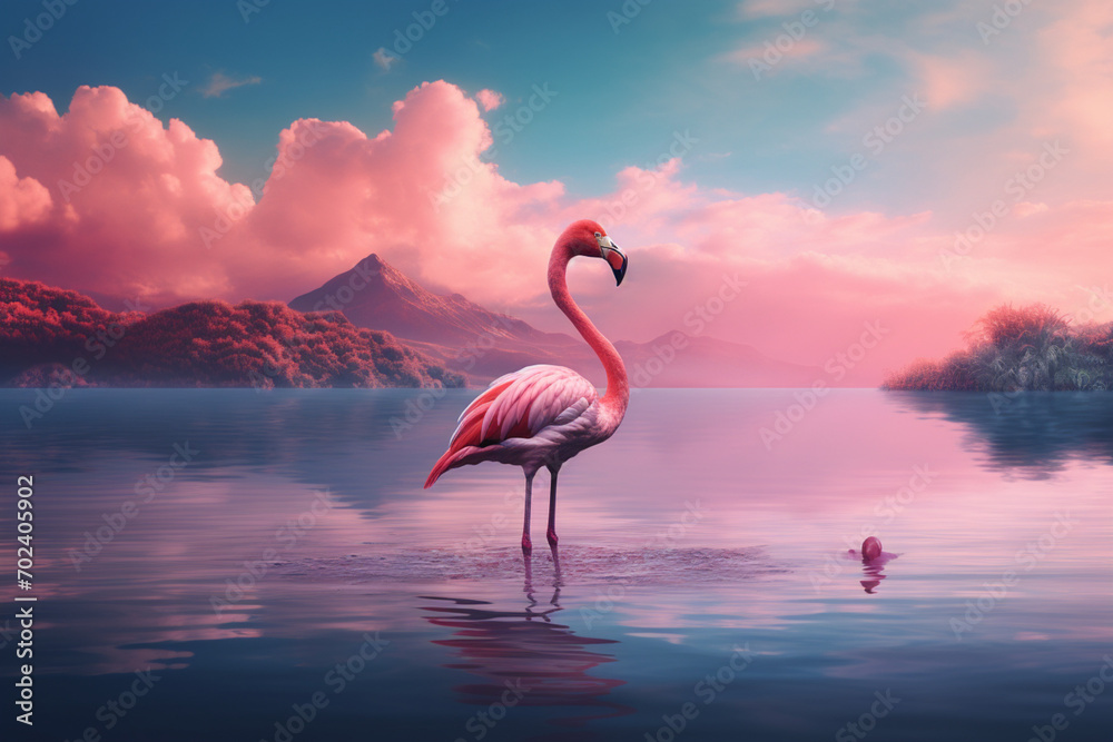 Pink flamingo stands on the lake - obrazy, fototapety, plakaty 