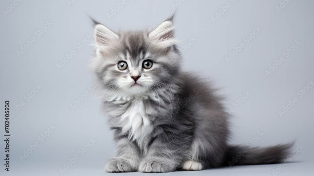 Funny large longhair gray kitten with beautiful big eyes. Free space for text.