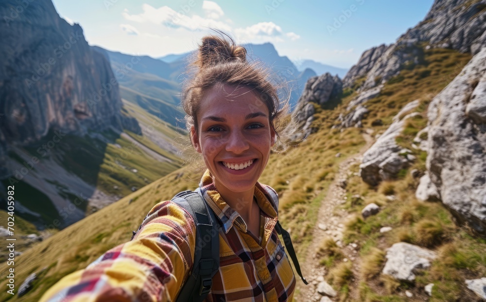 In the Cordillera Cantabrica of Spain, a smiling native woman with a backpack takes a selfie near Picos de Europa, portraying the joy and cultural richness of her travel adventure In the Cordillera Cantabrica of Spain, a smiling native woman with a backpack takes a selfie near Picos de Europa, portraying the joy and cultural richness of her travel adventure