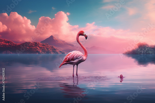 Pink flamingo stands on the lake photo