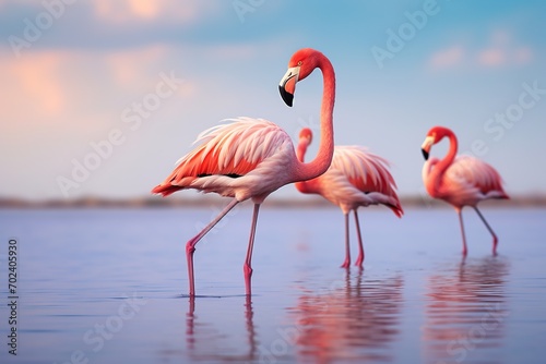 Pink flamingos standing in a lake © Alina