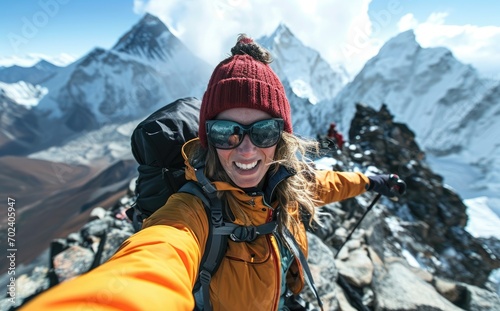 Everest Triumph: A smiling native woman with a backpack takes a selfie near the Everest summit, exuding joy and triumph in her incredible travel adventure through the Himalayas.