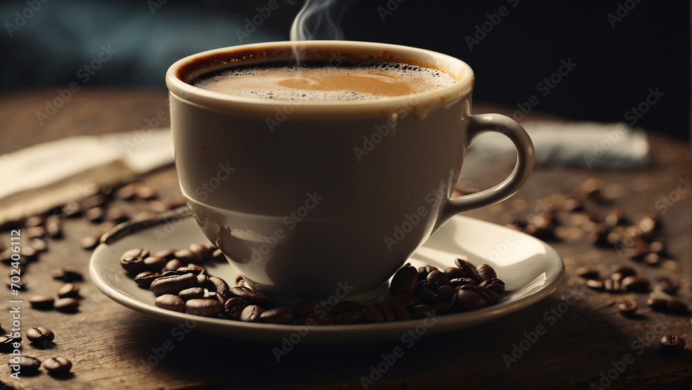 aromatic coffee in a cup on a dark background. coffee beans aromatic coffee in a cup on a dark background. coffee beans