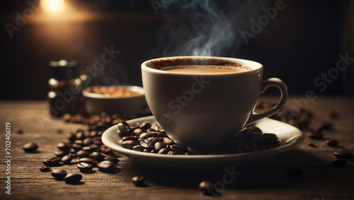 aromatic coffee in a cup on a dark background. coffee beans