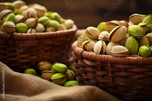 Pistachio nuts on wicker stand close up