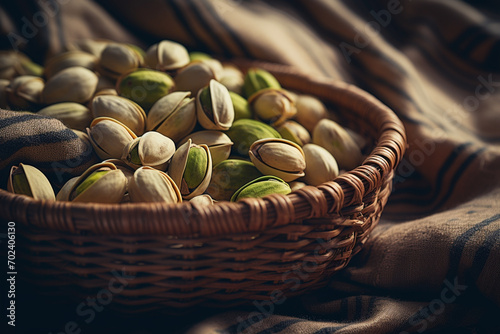 Pistachio nuts on wicker stand close up