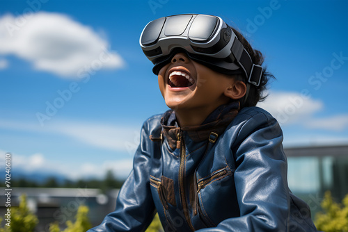 Closeup portrait of a happy little boy wearing virtual reality goggles outdoors. ai generated © ImagineStock