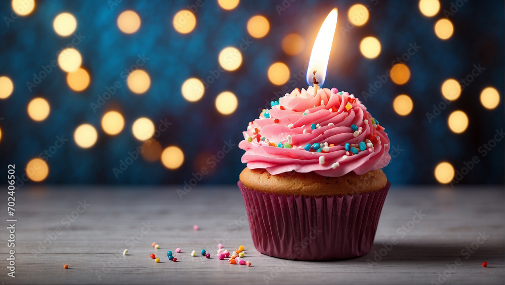 Birthday celebration cupcake with pink icing, with candle on blue background with bokeh.