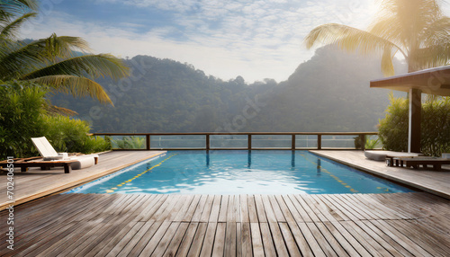 Vacant wooden deck featuring a swimming pool