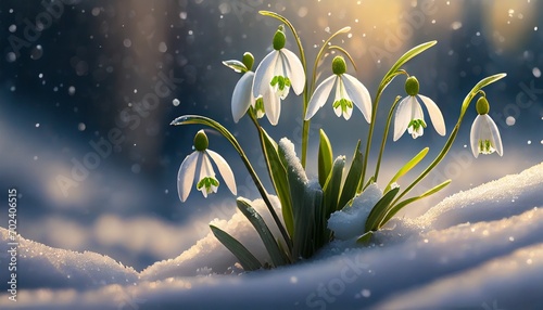 White snowdrops flowers growing from snow covered soil. AI generated image. © Studio Barcelona
