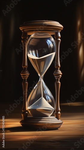 Hourglass on wooden table. Time passing concept. 3d rendering. AI.