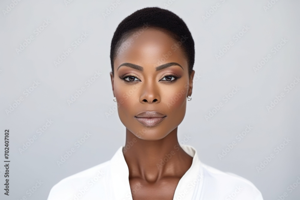 Confident African woman with short hair in a chic white blouse. Confident African woman with short hair in a chic white blouse.