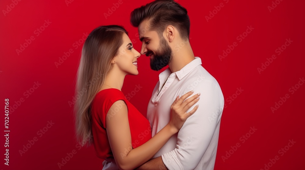 Side view of caucasian, attractive, smiling couple - bearded man embrace his charming, cute, pretty woman, looking to each other while standing over red background, 14 February Side view of caucasian, attractive, smiling couple - bearded man embrace his charming, cute, pretty woman, looking to each other while standing over red background, 14 February