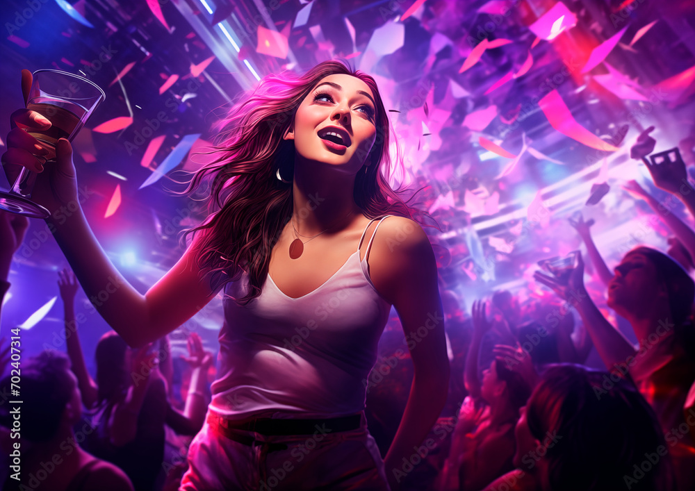 Young adult woman partying at a disco with confetti and lights