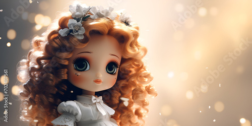 Enchanting Decoration: Cute Cartoon Doll with Long Curly Hair, Adorned in Charm: 3D Long-Haired Girl Doll with Hat and Coat generative AI