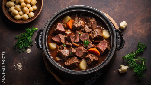 Aromatic beef stew with vegetables. in a black plate on a dark background