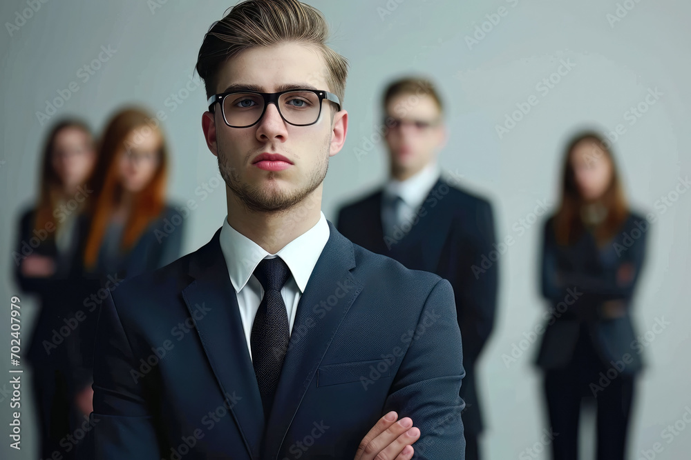 Junger Unternehmer steht mit verschränkten Armen vor seinem Team Junger Unternehmer steht mit verschränkten Armen vor seinem Team