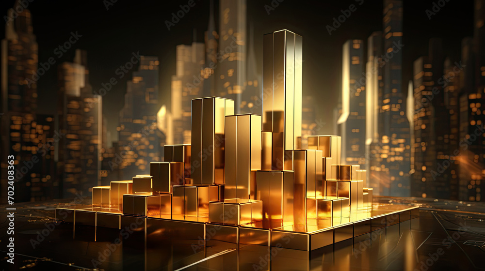 Golden bars chart against a city skyline backdrop, illustrating financial growth, Generative AI