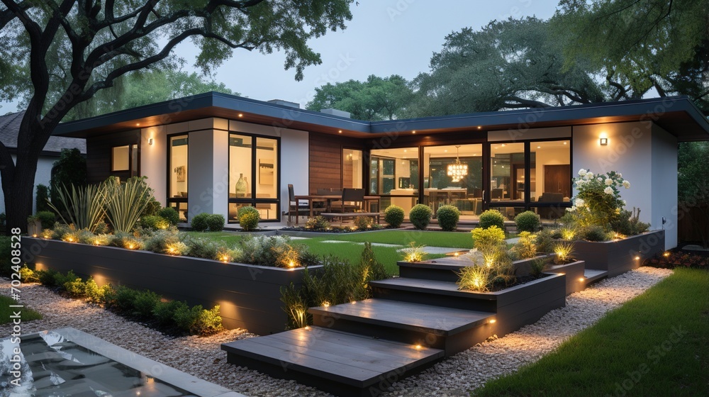 Fototapeta Modern house with beautiful landscape and outdoor lighting