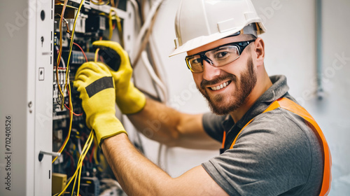 A professional electrician is smiling while working on a complex electrical panel photo