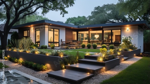 Modern house with beautiful landscape and outdoor lighting photo