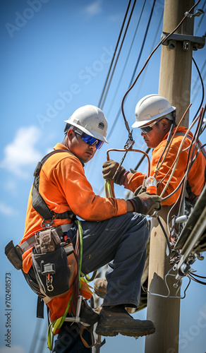 Two construction workers on a ladder in safety boots and helmets