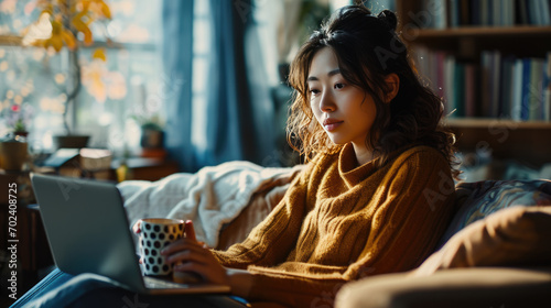 Woman with curly hair is comfortably sitting on a sofa, holding a polka-dotted mug, and using a laptop
