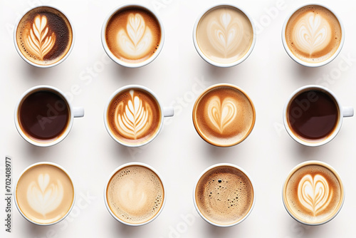 Set of cups of different coffee isolated on white background top view 