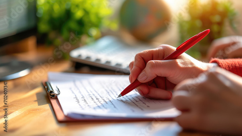 Person's hand is shown writing corrections on a printed document with a red pen, with a keyboard and a globe in the blurred background photo