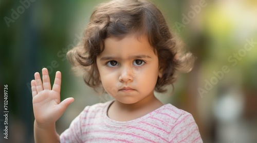 Serious child holding up hand in stop or rejection sign. Little person showing disagreement. Outdoor background.