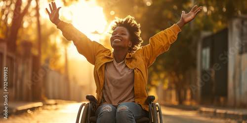 Happy young African american black woman on a wheelchair - diversity and inclusion concept - Praising the Lord - Praying for a miricale and healing - Happiness and independence despite disability photo