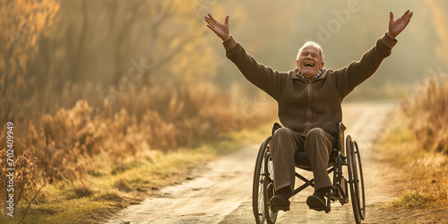 Happy senior retired man on a wheelchair - diversity and inclusion concept - Praising the Lord - Praying for a miricale and healing - Happiness and independence despite disability photo