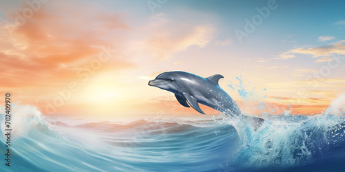 Sunset's Elegance Unveiled: Dolphins in Harmonious Play Amidst the Glistening Waters of a Twilight Seascape