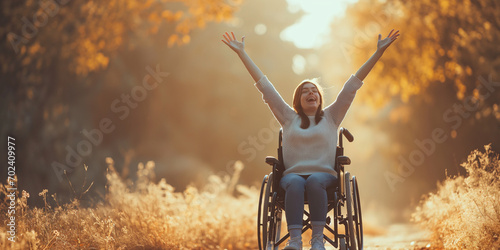 Tableau sur toile Happy young woman on a wheelchair - diversity and inclusion concept - Praising t