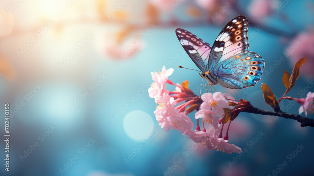 Butterfly perched on the branch of a cherry blossom tree, with delicate pink flowers in full bloom against a soft blue sky. - obrazy, fototapety, plakaty 