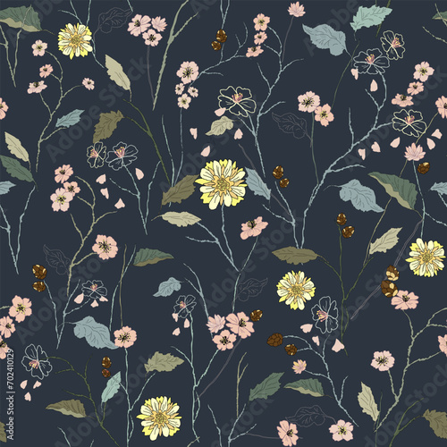 Seamless floral pattern, handmade trendy drawn for the design of fabric, decor, ceramics, greeting cards on a dark background photo