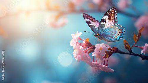Butterfly perched on the branch of a cherry blossom tree, with delicate pink flowers in full bloom against a soft blue sky. © MP Studio