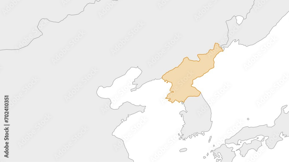 Animation of North Korea country map on the world map. Animation of map zoom in with border and marking of major cities and capital of the country DPRK. Background with alpha channel. Animation of North Korea country map on the world map. Animation of map zoom in with border and marking of major cities and capital of the country DPRK. Background with alpha channel.