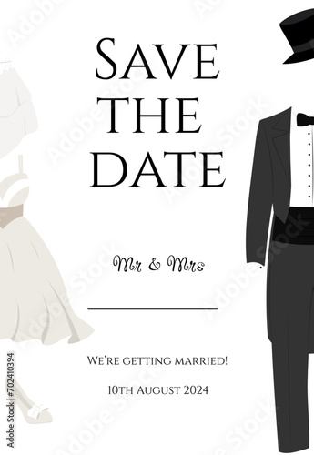 Wedding invitation with wedding dress, veil and shoes and tailcoat with hat on white background