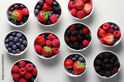 Strawberries, blueberries, raspberries and blackberries arranged in bowls over-flowing onto the a neutral background